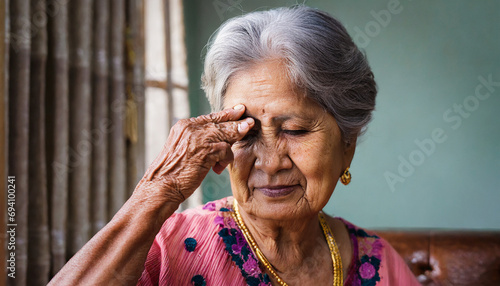 Asian elderly women have vision problems. Have eye pain. Eye disease in the elderly. cataracts, diabetic retinopathy photo