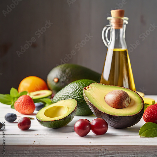 avocado on table with other fruits and bottle of oil