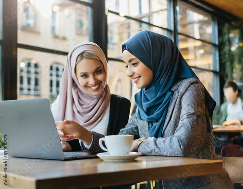 Business. Colleagues Meeting In Cafe. Diversity Ethnic Women. Smiling Girl In Hijab Working On Laptop, Blonde Looking At Screen.