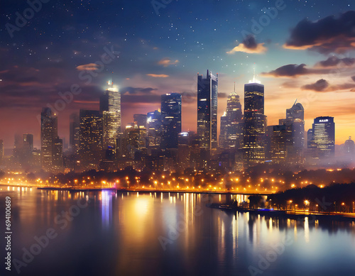 City of lights. Vibrant urban skyline at night. Metropolitan dreams. Glowing cityscape after dark. Evening elegance. Nighttime panorama