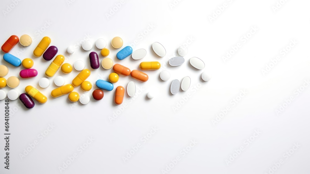 Multi-colored tablets scattered on a light background with space for text