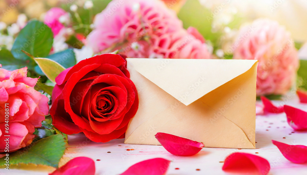 copy space on a Beautiful valentine composition spring flowers and roses and an envelope