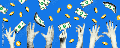 Retro collage with hands in halftone style. Hands catch money falling from the sky, coins, bills. Saving, saving, collecting money. Banner on financial topics.