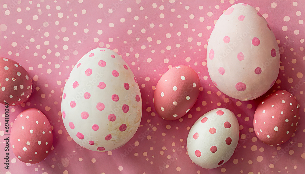Easter eggs on a pink background, small pink dots pattern