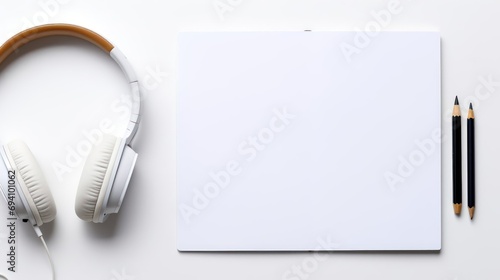 Notepad, headphones, pen, pencil on a light background