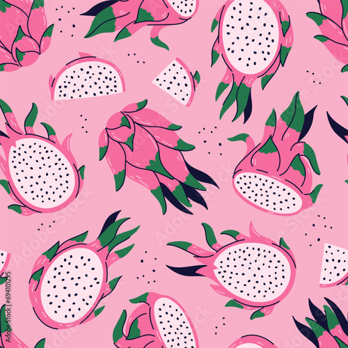 Seamless pattern with dragon fruits on a pink background. Vector graphics.