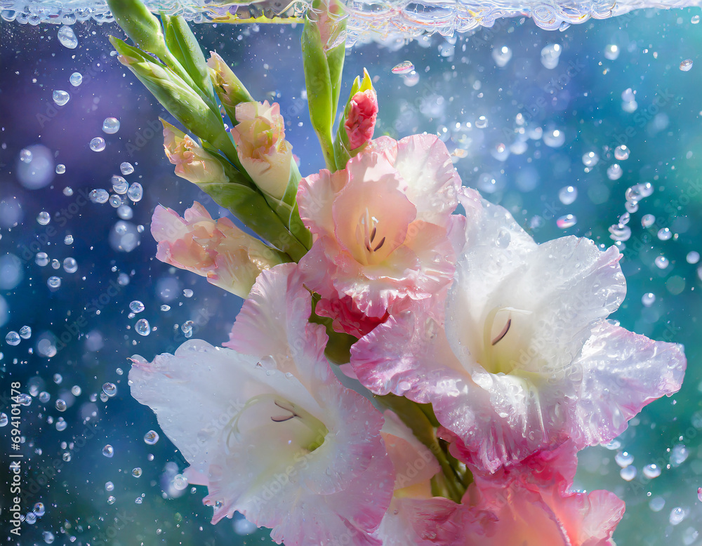 floral romantic abstract background; gladiolus flower in water, air bubbles