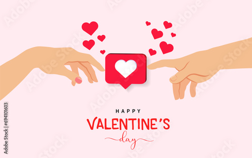 Happy Valentines Day concept with hands from creation of Adam and heart like button. Hands of lovers touching the symbol of love. Vector illustration