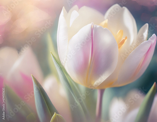 floral romantic card  white tulip flower close-up in pastel colors
