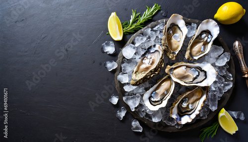 Fresh oysters on ice over black background with copy space, top view