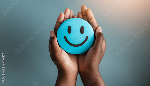 Hands holding blue happy smile face. mental health positive thinking and growth mindset, mental health care recovery to happiness emotion. © Merlin