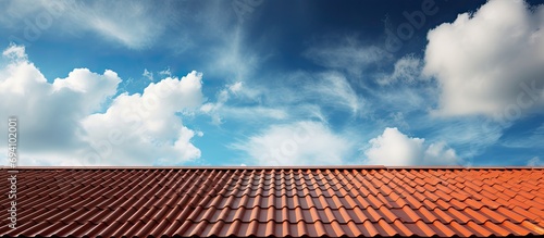 Metal tile on roof, types of roofing, decorative house below blue sky and clouds. photo