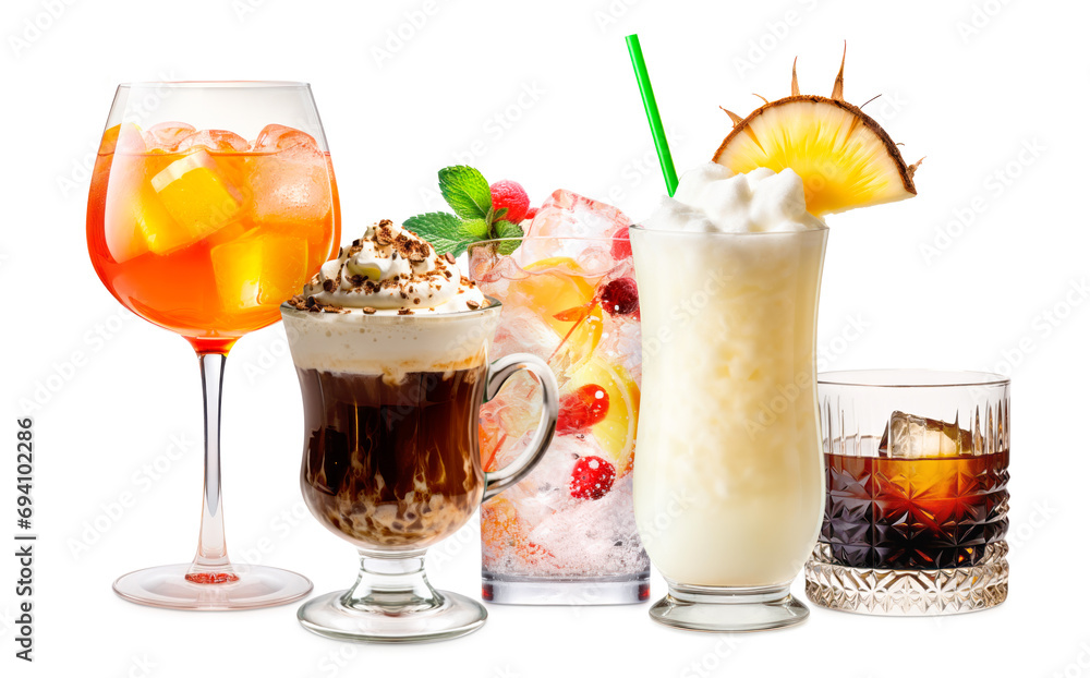 Set and collection of classic alcohol cocktails or mocktail isolated on white background with fresh summer fruits Set and collection of classic alcohol cocktails or mocktail isolated on white background with fresh summer fruits
