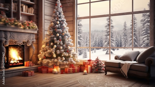 New Year s  Christmas room interior with large windows  Christmas tree  candles and fireplace