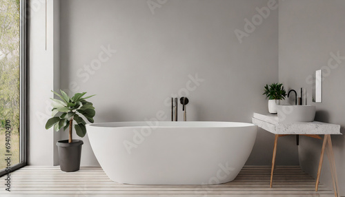 Modern bathroom Scandinavian interior with white tub, table and plants. Empty neutral grey wall for mockup. Promotion background. © Merlin