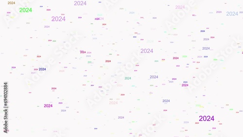 2024 Year Animation Flying through Elements 4K White Background. 2024 (MMXXIV) is a leap year starting on Monday in the Gregorian calendar, the 2024th year of the Common Era (CE) and Anno Domini (AD)  photo