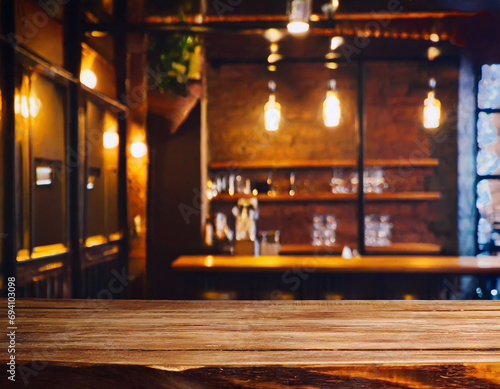 Rustic empty wooden table. Vintage pub interior. Dark wood counter. Restaurant space. Abstract bar scene