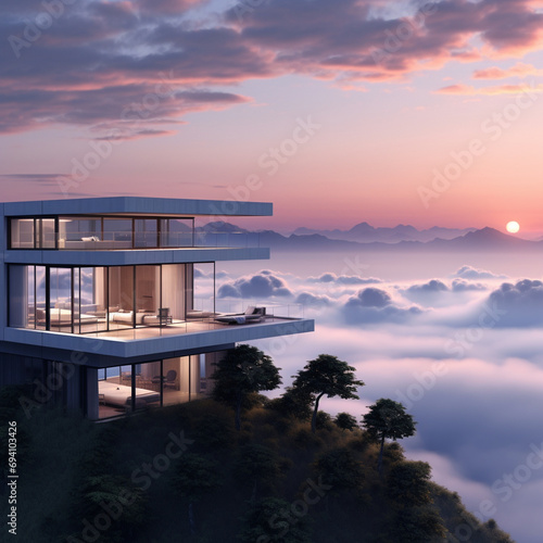 A minimalist villa on the top of a high hill with a view of the mountains covered with clouds