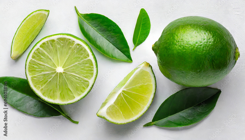 Whole and half sliced green lime with leaves isolated on white background. Top view. Flat lay.