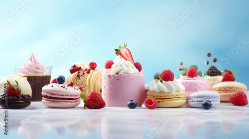 Delicious and beautiful desserts on a light background