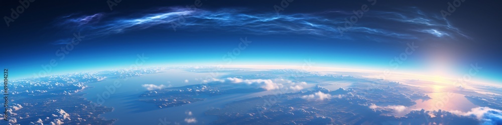Radiant sunrise over Earth's atmosphere. Earth Day concept. Global perspective. Space exploration. Panoramic design for banner, backdrop, or poster