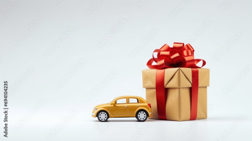 Toy car next to beautiful gift boxes on a light background and with space for text Toy car next to beautiful gift boxes on a light background and with space for text