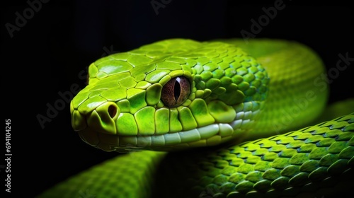 Green snake on a black background.