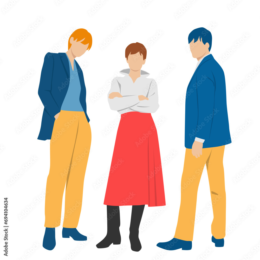 Set of young two men and woman , different colors, cartoon character, group of silhouettes of standing business people, students, design concept of flat icon, isolated on white background Set of young two men and woman , different colors, cartoon character, group of silhouettes of standing business people, students, design concept of flat icon, isolated on white background
