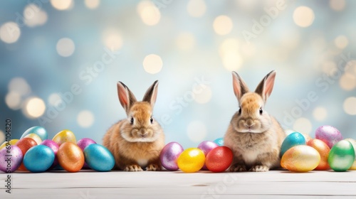 Wallpaper Mural Rabbits and colored eggs on a light background with space for text. Easter holiday. Torontodigital.ca