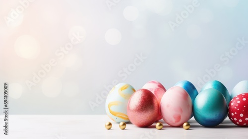 Colored eggs on a light background with space for text. Easter holiday.