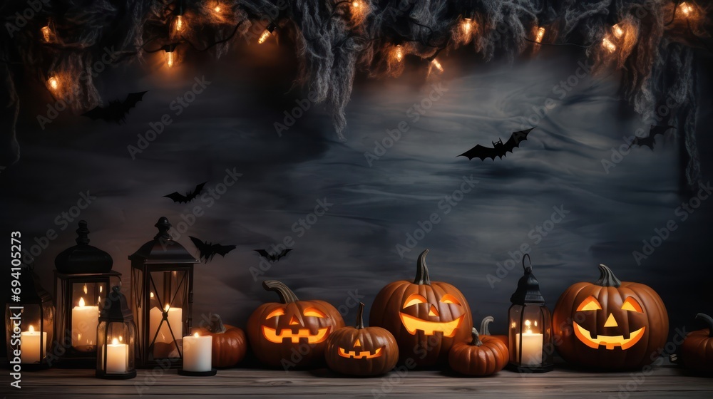 Pumpkins and bats on a dark background. Halloween holiday concept. Pumpkins and bats on a dark background. Halloween holiday concept.