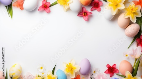 Colored eggs on a light background with space for text. Easter holiday.