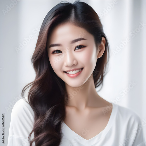 beautiful young woman of Asian appearance smiling, portrait, white background