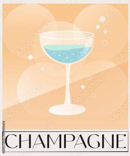Glass of champagne. Summer refreshing prosecco. Mixology is a minimalistic simple vector print. Alcoholic drink, cocktail. Vector illustration .Vintage poster for new year, wedding, bar, party. Cheers