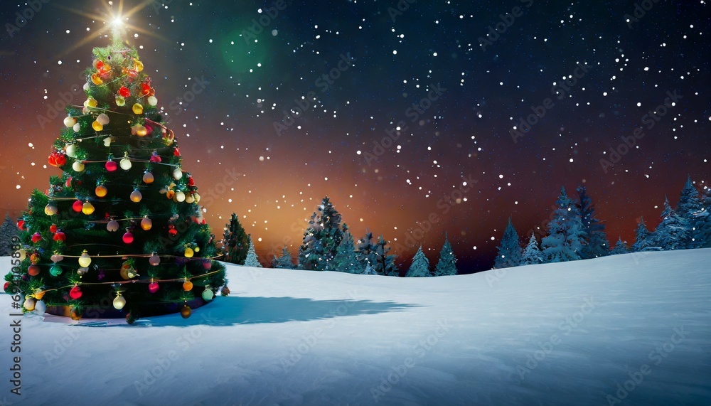 fantastic winter landscape with christmas tree 3d rendering christmas background with christmas tree snow and stars beautiful christmas night
