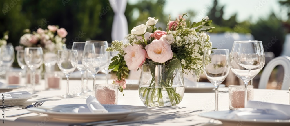 Wedding table decor with flowers. Table setting and decoration for banquet. Cutlery placed. Al fresco dining area.