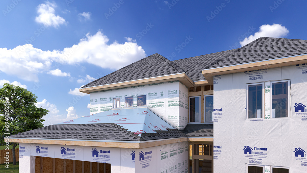 House roofing with asphalt shingles. 3d illustration - obrazy, fototapety, plakaty 