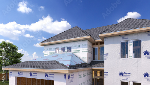 House roofing with asphalt shingles. 3d illustration