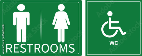 ashroom Sign | Restrooms identification Green Board| Toilet sign, wheel chair sign| WC sign icon