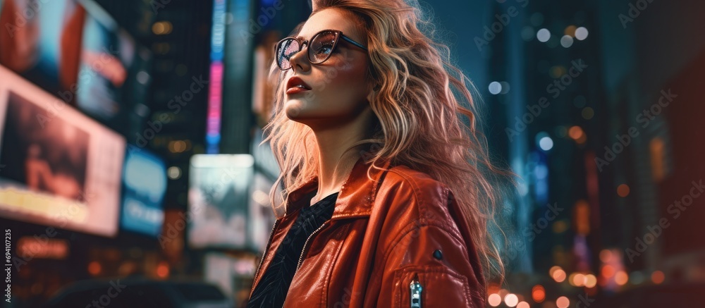 Young woman in streetwear with stylish spectacles exploring New York nightlife and downtown.