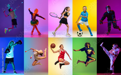 Collage. Children  boys and girls training  practicing different kind of sports over multicolored background in neon light. Concept of professional sport  competition  championship  action