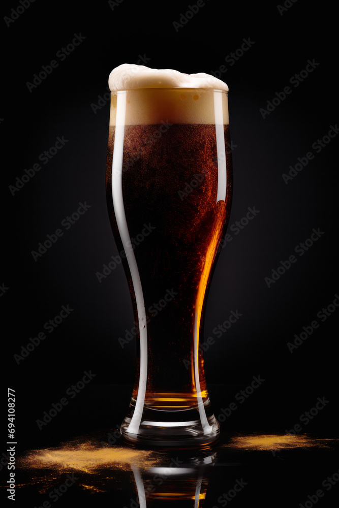 Beer in a tall glass on a dark black background. Mugs with drink like Ipa, Pale Ale, Pilsner, Porter or Stout Beer in a tall glass on a dark black background. Mugs with drink like Ipa, Pale Ale, Pilsner, Porter or Stout