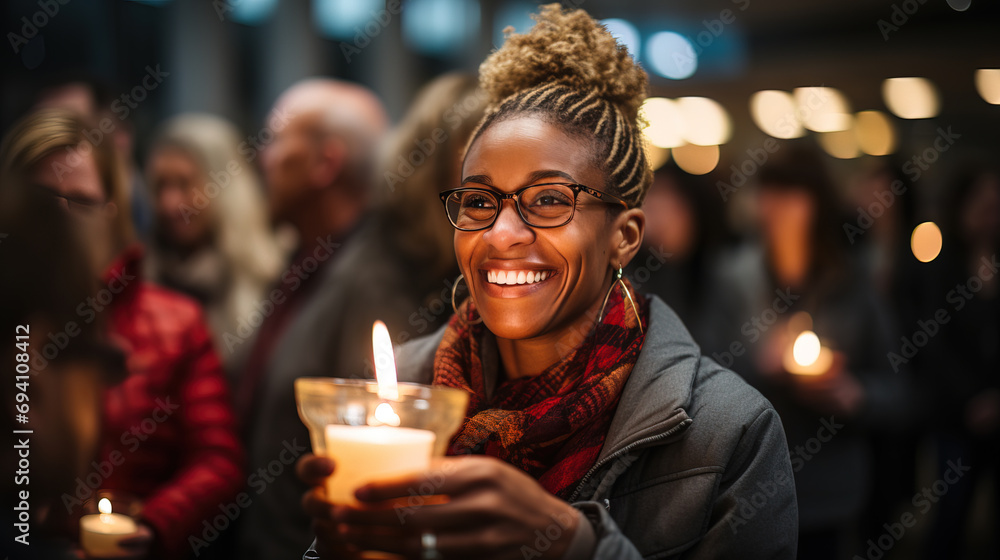Joyful African American woman with glasses holding a candle at an outdoor evening event, surrounded by blurry figures. Joyful African American woman with glasses holding a candle at an outdoor evening event, surrounded by blurry figures.