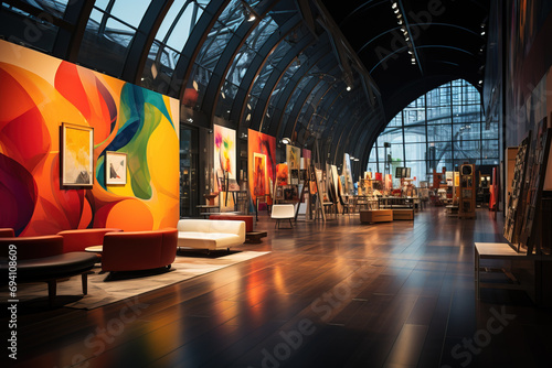 Elegant and spacious modern art gallery interior with vibrant abstract paintings, stylish furniture, and a glass ceiling.