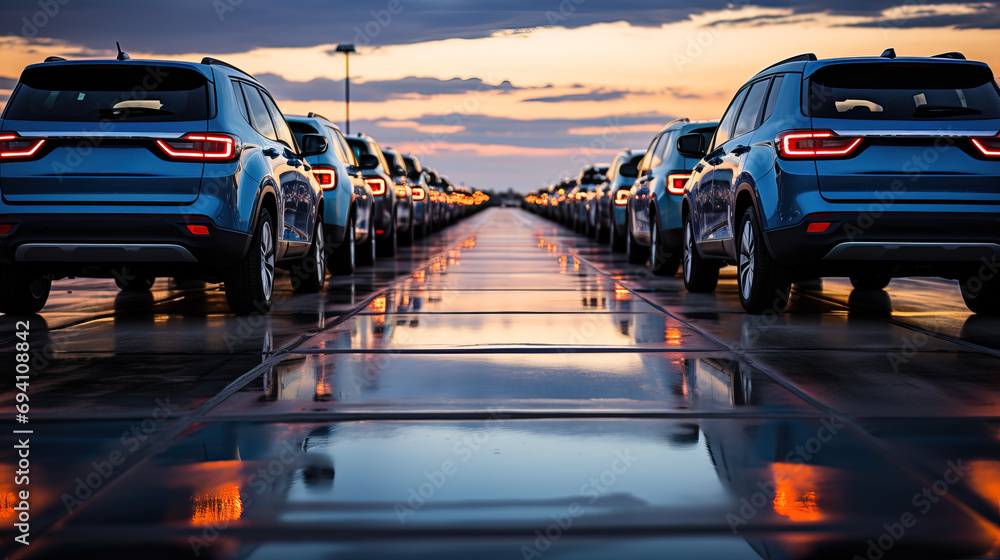 Rows of new cars parked symmetrically at dusk, with glowing rear lights and reflections on the shiny pavement.
