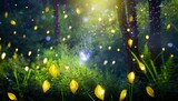 abstract and magical image of firefly flying in the night forest fairy tale concept