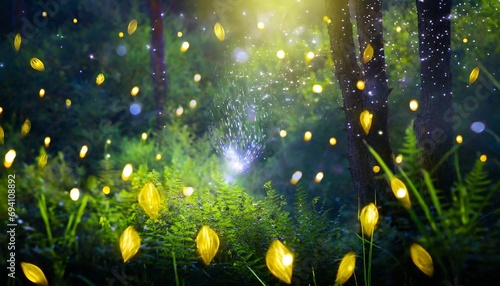 abstract and magical image of firefly flying in the night forest fairy tale concept