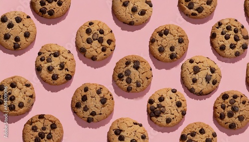 fresh chocolate chip cookies pattern on pink background