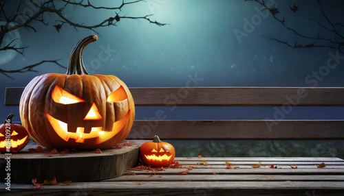 the spooky haunted evil glowing eyes of jack o lanterns halloween pumpkin on the left of a wooden bench on a scary halloween night