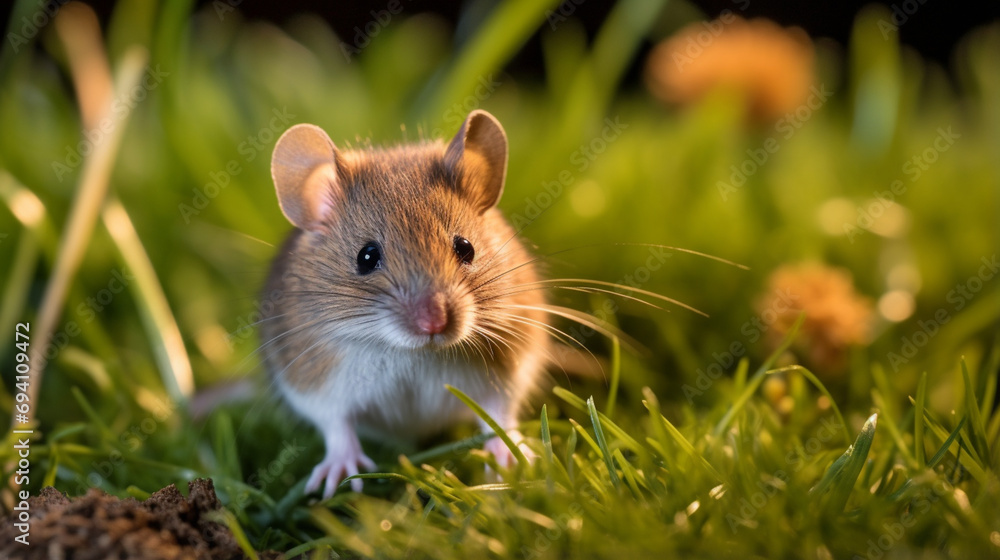 A common vole mouse sits on the grass in the garden at night, Microtus arvalis. generative ai - obrazy, fototapety, plakaty 